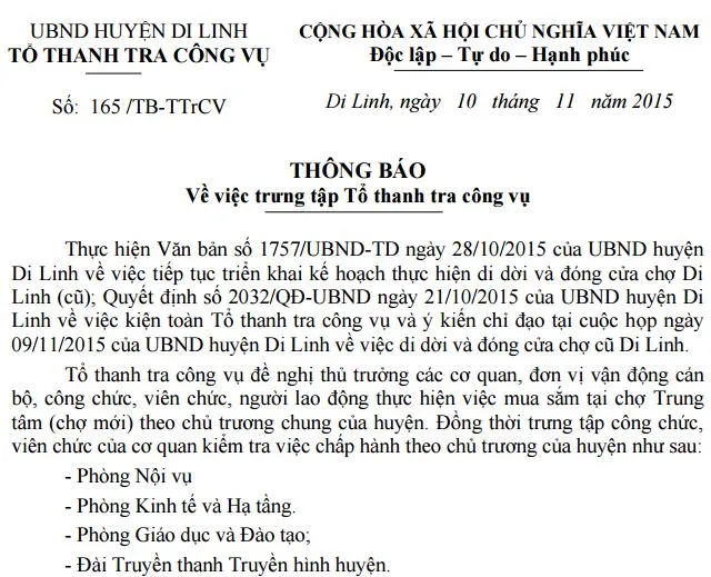 Văn bản lạ: 'Điểm danh' cán bộ, công chức… đi chợ ảnh 1