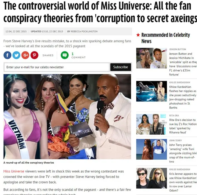 Trang Mirror liệt kê sự thất bại của Phạm Hương vào những lùm xùm tại Hoa hậu Hoàn vũ 2015. Ảnh chụp màn hình Báo Anh nghi Phạm Hương bị loại để Hoa hậu Philippines thắng