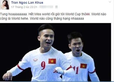 Lan Khuê vui mừng với chiến thắng của tuyển Việt Nam.