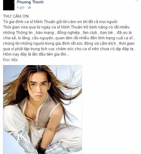"Thông qua lời cảm ơn này, gia đình ca sĩ Minh Thuận cho hay Phương Thanh sẽ là người dại diện đưa ra thông tin trước công chúng và báo chí" (Theo Vietnamnet).