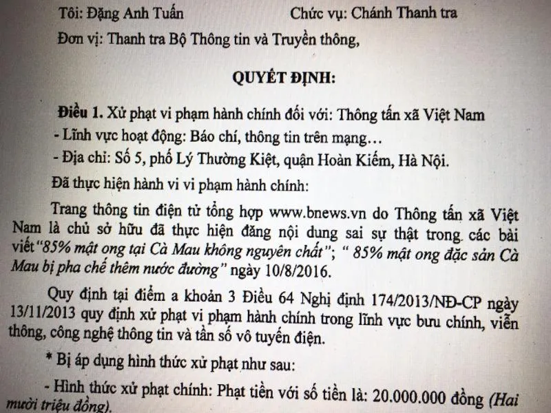 Bị phạt 20 triệu vì đưa tin sai sự thật về mật ong rừng ảnh 1