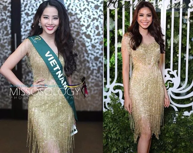 Thiết kế tua rua ánh kim được hoa khôi Nam Em diện trong tiệc gặp gỡ 82 thí sinh Miss Earth 2016 từng được Phạm Hương diện trước đó. Ảnh: ZING