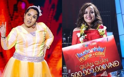 Thí sinh Tố Tố ở tập thi đầu (trái) cách đây ba tháng với cân nặng 90 kg và khi đoạt giải cao nhất cuộc thi vào tối 13-11. Ảnh: VNE