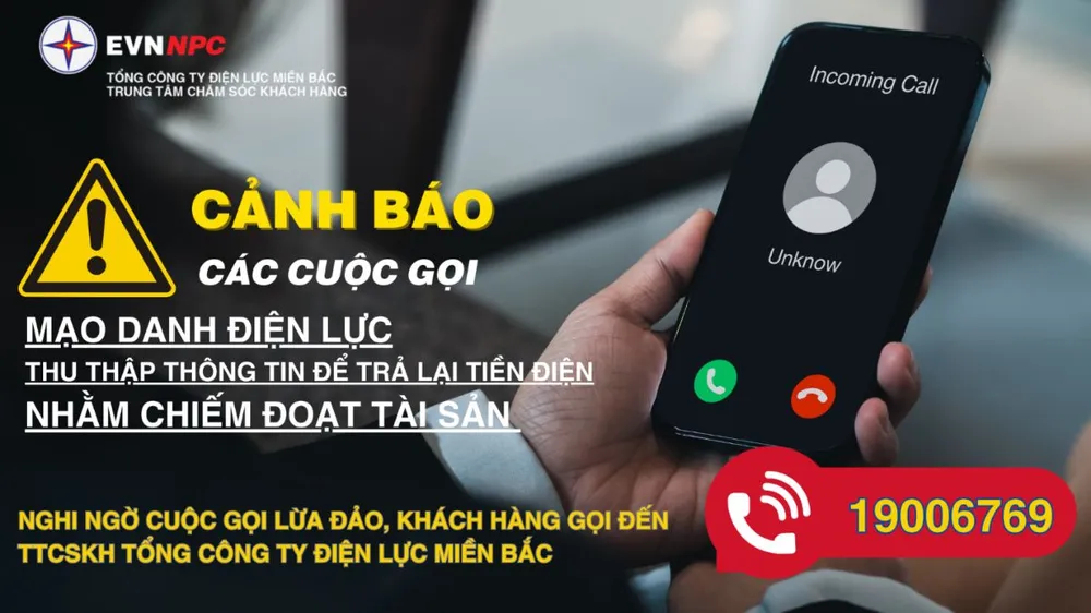EVNNPC cảnh báo cuộc gọi mạo danh nhân viên điện lực hoàn tiền điện. EVNNPC cảnh báo cuộc gọi mạo danh nhân viên điện lực hoàn tiền điện.png