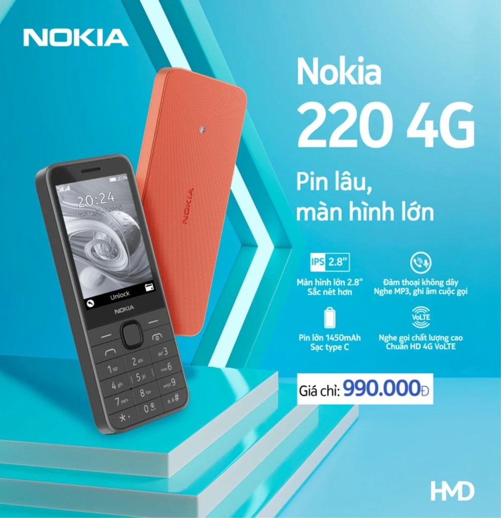 Nokia 220 4G có thiết kế truyền thống với bàn phím và màn hình lớn dễ thao tác và sử dụng. Sóng 2G sắp bị cắt, Nokia 4G nâng cấp theo người dùng: nhanh hơn, tiện lợi hơn.png