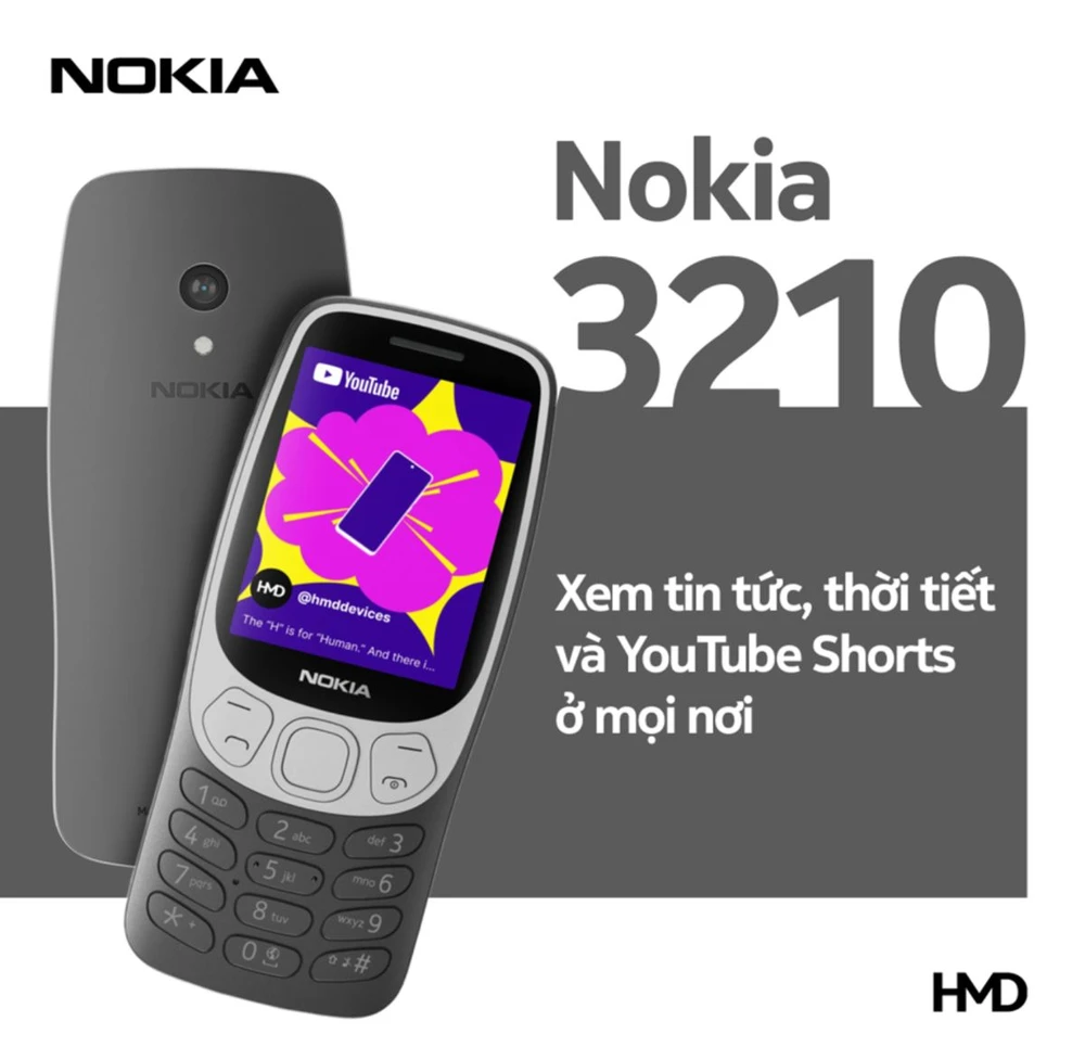Nokia 3210 có thiết kế hoài cổ với bàn phím T9 truyền thống cùng màu sắc tươi tắn, trẻ trung. Sóng 2G sắp bị cắt, Nokia 4G nâng cấp theo người dùng: nhanh hơn, tiện lợi hơn.png