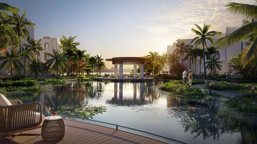 Lagoon Residences sở hữu hồ cá koi và hồ bơi lớn tựa như hai viên ngọc quý bên vịnh biển bao la. bim-land-kien-tao-chuan-song-resort-living-ben-vinh-ky-quan-tai-oc-dao-thien-duong-lagoon-residences-2.jpg
