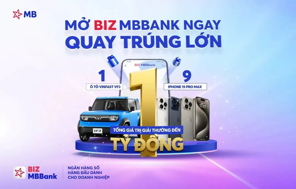 Mở BIZ MBBank ngay – Quay trúng lớn với tổng giá trị giải thưởng đến 1 tỷ đồng. Cơ hội vàng cho doanh nghiệp SME: Mở tài khoản BIZ MBBank, rinh xe hơi Vinfast VF3 và iPhone 15 Pro Max.jpg