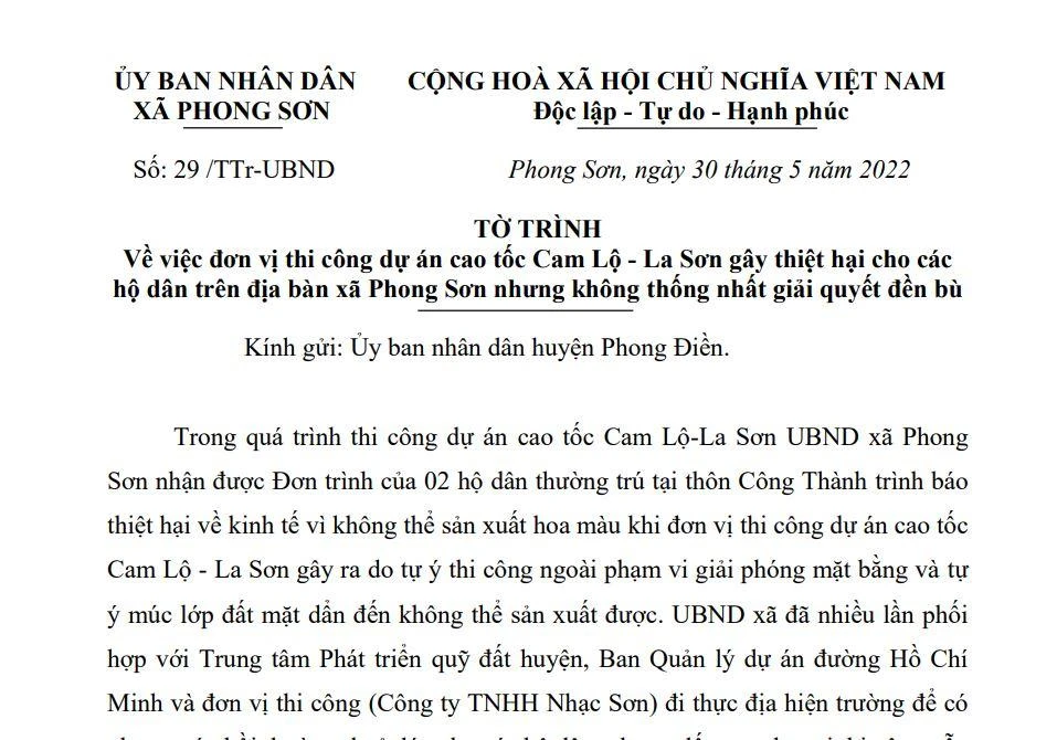 UBND xã Phong Xuân gửi tờ trình đến UBND huyện Phong Điền về việc đơn vị thi công gây thiệt hại cho hộ dân nhưng không thống nhất giải quyết đền bù.
