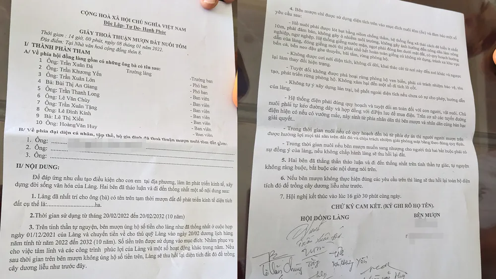 Giấy thỏa thuận cho mượn đất. Ảnh: N.DO Giấy thỏa thuận cho mượn đất. Ảnh: N.DO