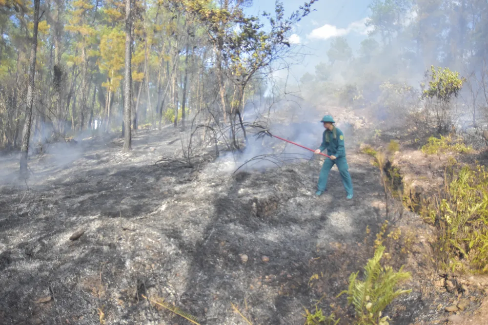 Đám cháy ở vị trí mà các phương tiện chuyên dụng không thể tiếp cận. Ảnh: NGUYỄN DO
