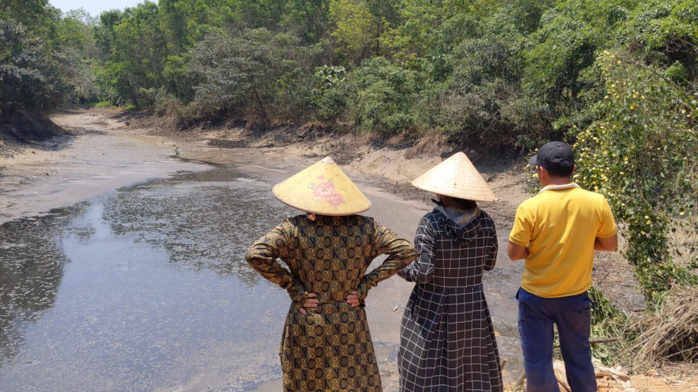 Người dân bức xúc trước tình trạng cá chết trên khe Rào Trường nên tìm đến vị trí xả thải của một trang trại chăn nuôi heo để phản ánh. Ảnh: NGUYỄN DO nguoi-dan-buc-xuc-vi-ca-chet-nghi-do-nuoc-thai-tu-trang-trai-heo (6).jpg