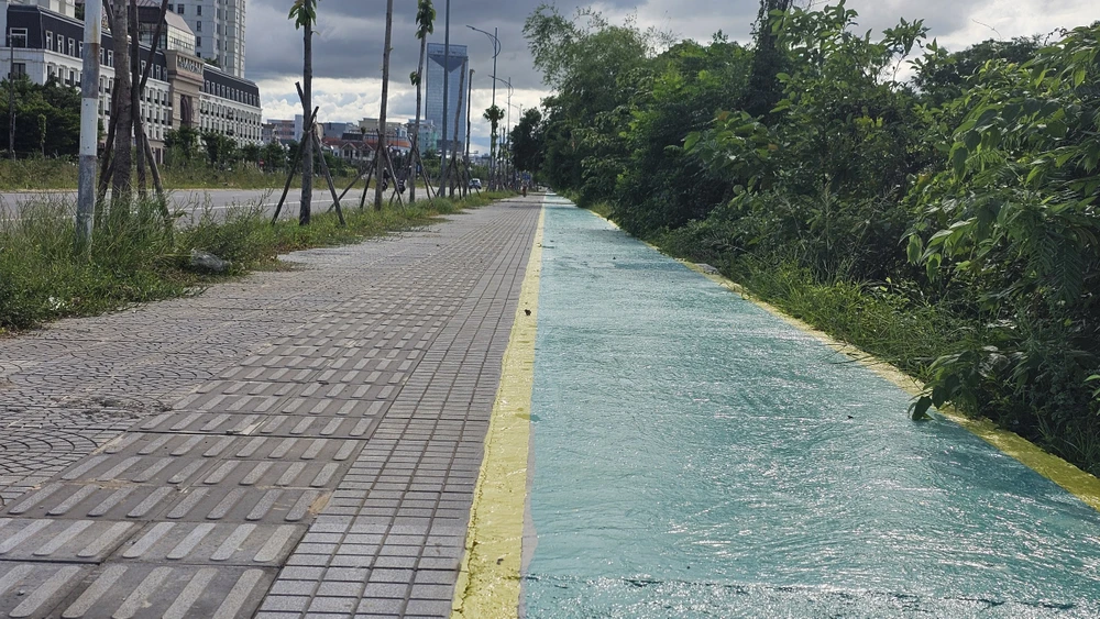 Phần dành cho xe đạp được sơn màu xanh lá, viền vàng. Ảnh: ND thanh-pho-dau-tien-o-viet-nam-co-via-he-danh-cho-xe-dap (7).jpg