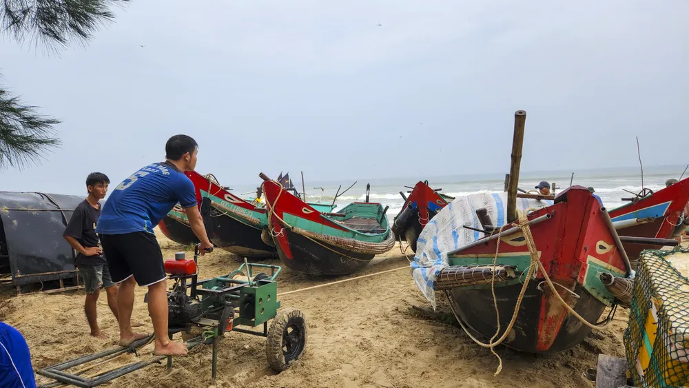 Trong chiều 6-9, người dân sử dụng máy kéo thuyền vào vị trí an toàn để tránh trú bão. Ảnh: NGUYỄN DO