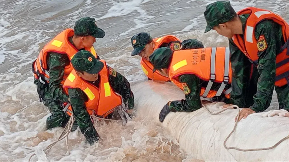 Thừa Thiên Huế công bố tình huống khẩn cấp về thiên tai sạt lở 1.000m bờ biển. Trong ảnh: Lực lượng chức năng tiến hành gia cố đoạn bờ biển bị sạt lở. Ảnh: ND quyết định công bố tình huống khẩn cấp về thiên tai sạt lở bờ biển