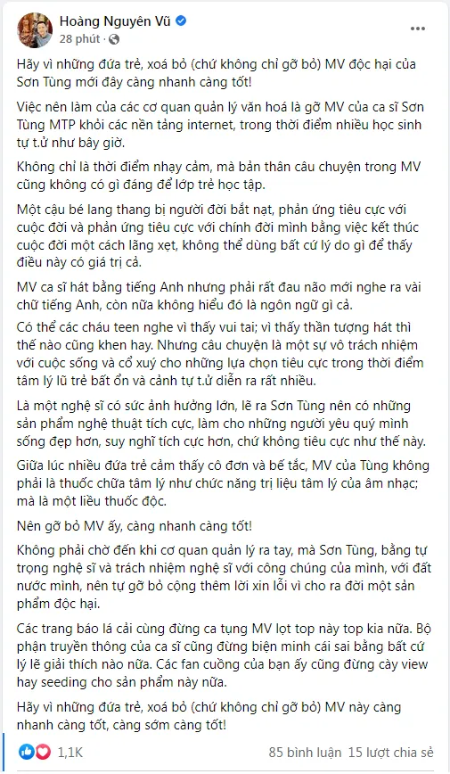 Nhà báo Hoàng Nguyên Vũ cũng lên tiếng đề nghị xoá bỏ MV gây tranh cãi của Sơn Tùng M-TP. Ảnh: FBNV.