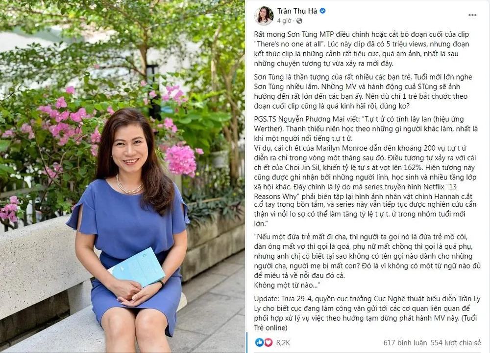 Nhà báo Trần Thu Hà đăng tải bài viết chia sẻ về MV của Sơn Tùng M-TP. Ảnh: FBNV.