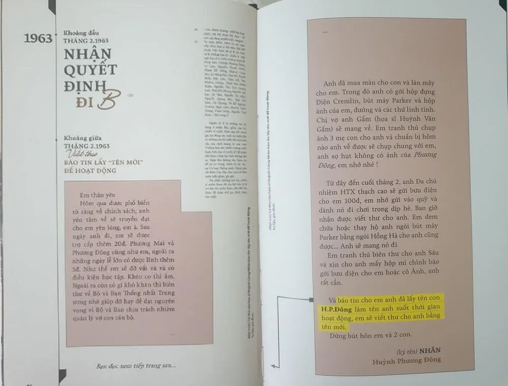 Lá thư tay của hoạ sĩ Huỳnh Phương Đông gửi cho vợ và thông báo về việc mình dùng bí danh mới. Ảnh: Chụp từ sách Bí danh Huỳnh Phương Đông.