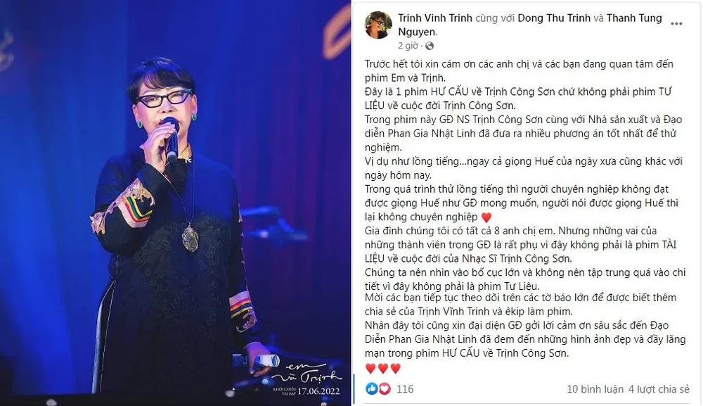 Nguyên văn bài chia sẻ của ca sĩ Trịnh Vĩnh Trinh. Ảnh: FBNV