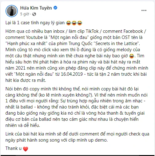 Nguyên văn bài chia sẻ của nhạc sĩ Hứa Kim Tuyền. Ảnh: Chụp màn hình.