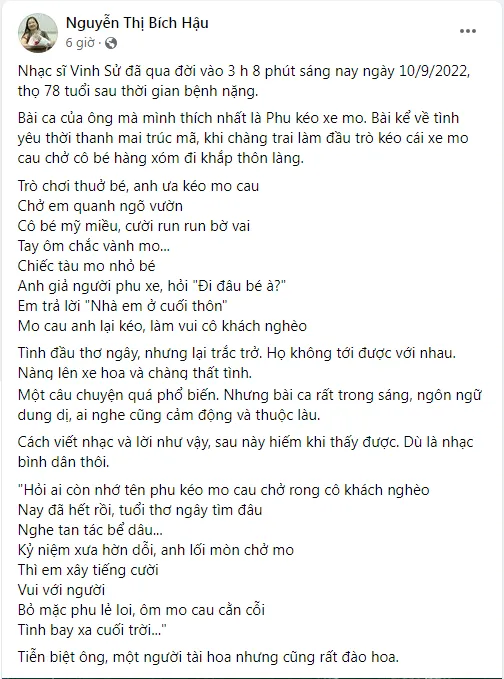 Tác giả Bích Hậu chia sẻ. Ảnh: Chụp màn hình Tác giả Bích Hậu chia sẻ. Ảnh: Chụp màn hình