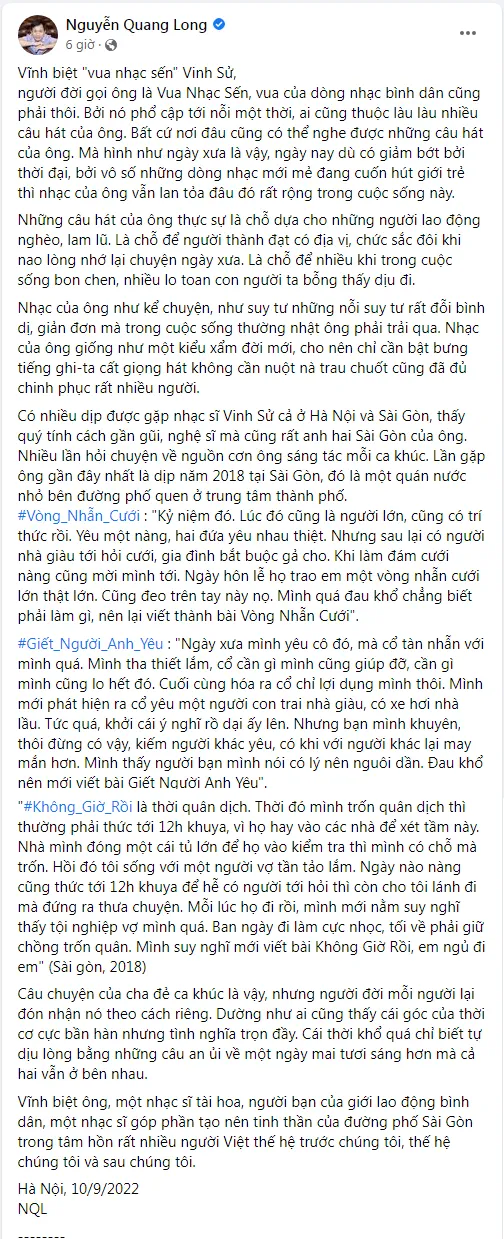 Chia sẻ của nhạc sĩ Nguyễn Quang Long. Ảnh: Chụp màn hình Chia sẻ của nhạc sĩ Nguyễn Quang Long. Ảnh: Chụp màn hình