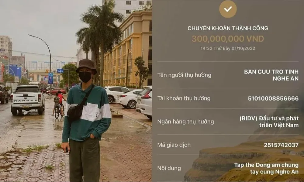 Đen Vâu cùng các Đồng âm ủng hộ Nghệ An 300 triệu đồng. Ảnh: FBNV Đen Vâu cùng các Đồng âm ủng hộ Nghệ An 300 triệu đồng. Ảnh: FBNV