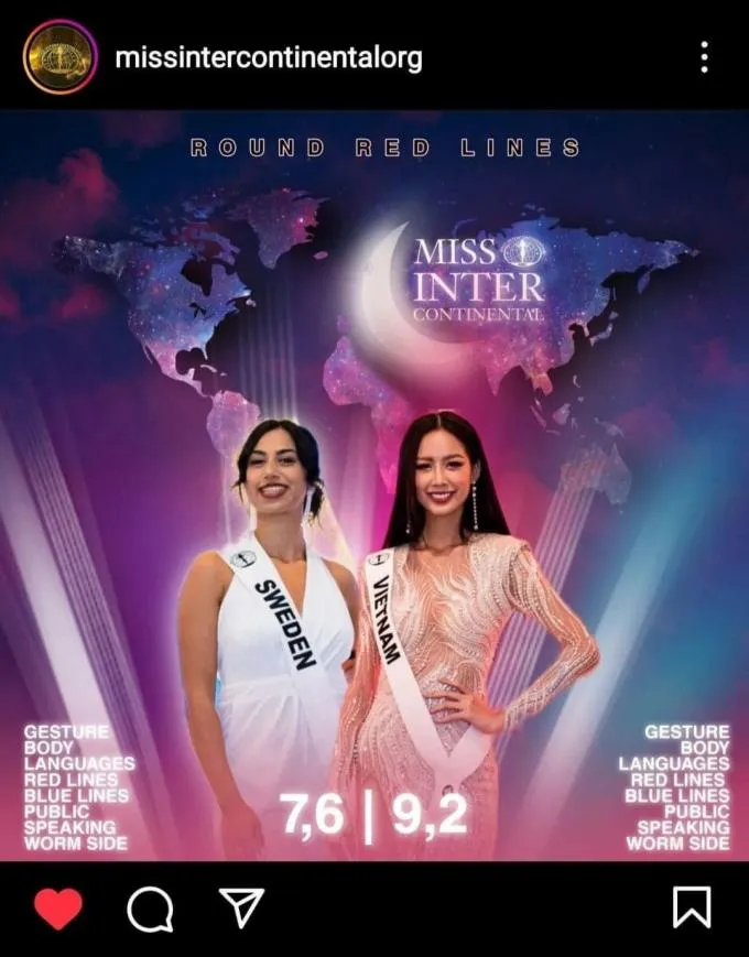 Ngày 8-10, BTC Miss Intercontinental đã công bố bảng điểm vòng phỏng vấn kín, đại diện Việt Nam là thí sinh có thành tích cao nhất với điểm số 9.2 đầy ấn tượng.