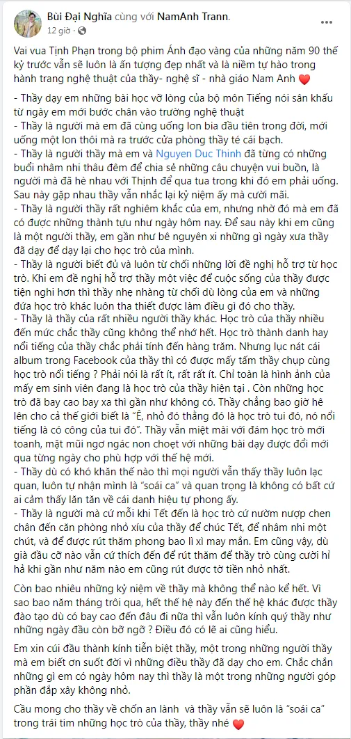 Nguyên văn dòng trạng thái tiếc thương nghệ sĩ, nhà giáo Trần Nam Anh của MC Đại Nghĩa. Ảnh: Chụp màn hình