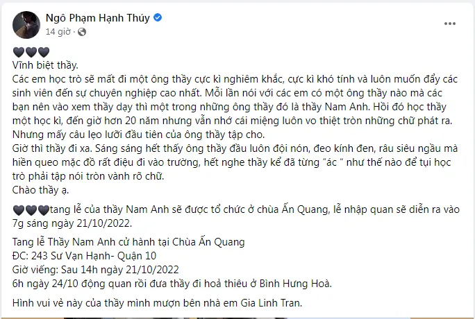 NSƯT Hạnh Thuý xót xa trước sự ra đi của nghệ sĩ, nhà giáo Trần Nam Anh. Ảnh: Chụp màn hình