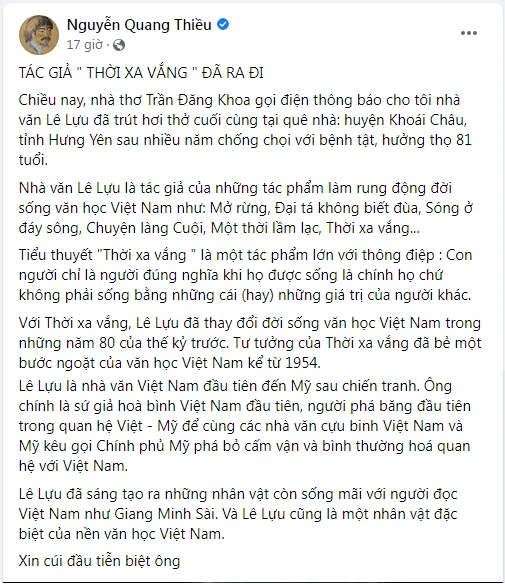 Nhà thơ Nguyễn Quang Thiều chia sẻ. Ảnh: chụp màn hình Nhà thơ Nguyễn Quang Thiều chia sẻ. Ảnh: chụp màn hình