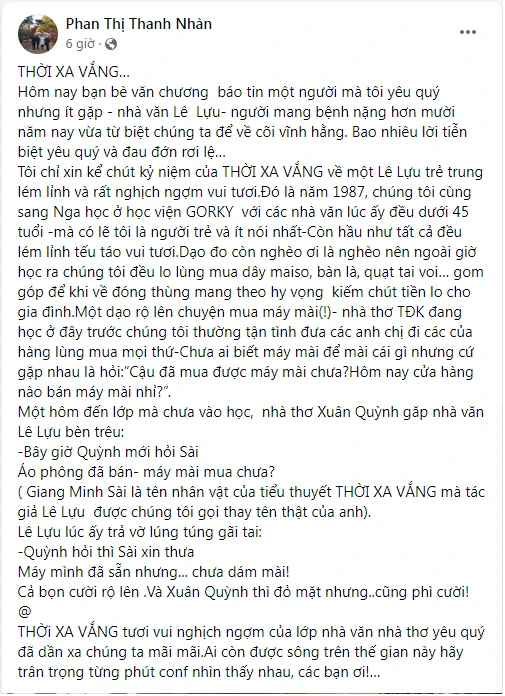 Nhà thơ Phan Thị Thanh Nhàn dành những lời chia sẻ sau khi nhà văn Lê Lựu ra đi. Ảnh: Chụp màn hình Nhà thơ Phan Thị Thanh Nhàn dành những lời chia sẻ sau khi nhà văn Lê Lựu ra đi. Ảnh: Chụp màn hình