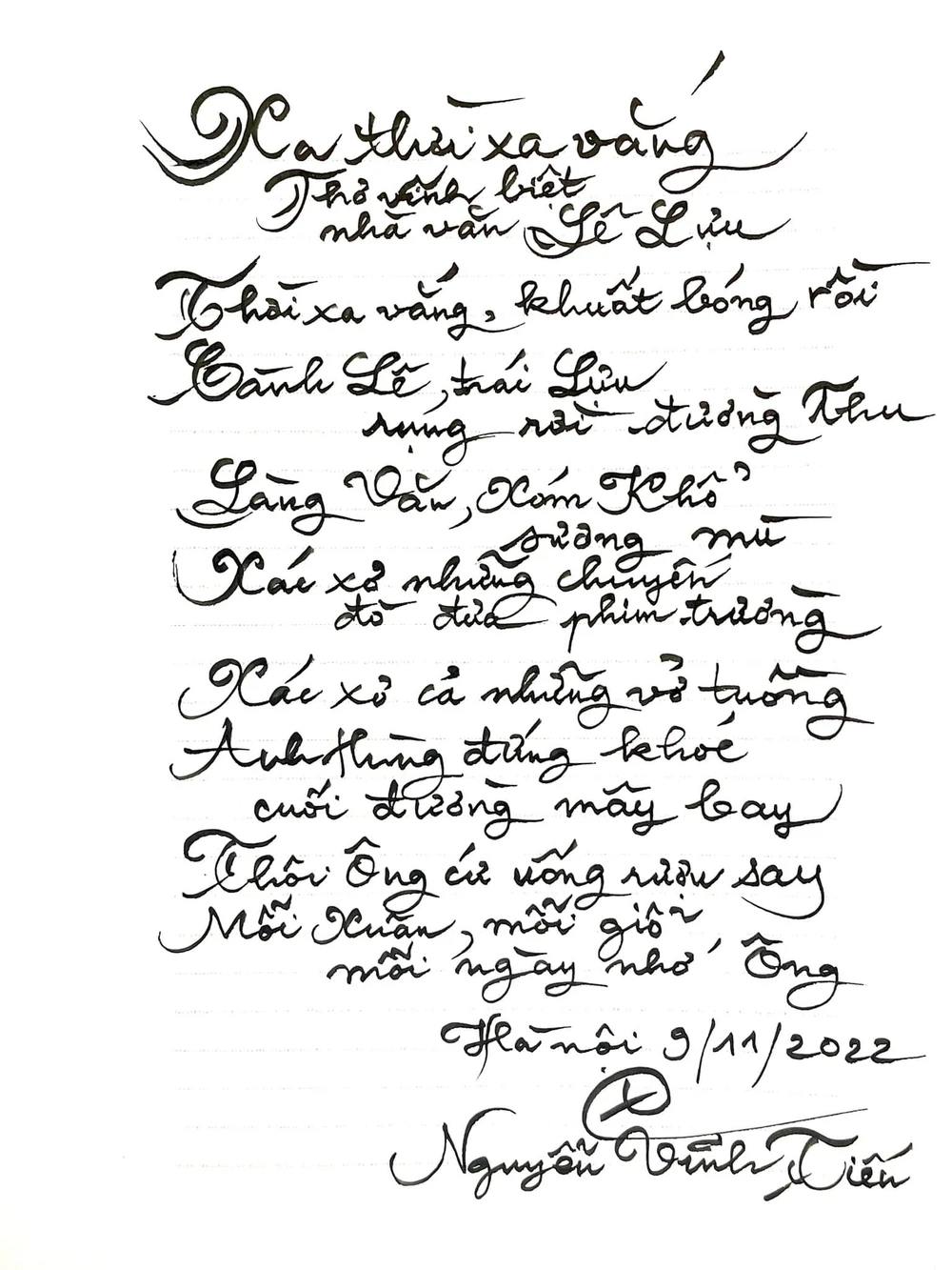 Nguyên văn bài thơ của nhạc sĩ Nguyễn Vĩnh Tiến. Ảnh: FBNV Nguyên văn bài thơ của nhạc sĩ Nguyễn Vĩnh Tiến. Ảnh: FBNV