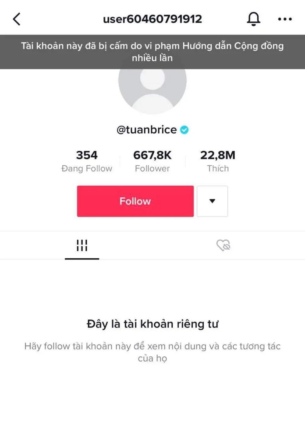 Tài khoản TikTok của Nờ Ô Nô đã bị khoá. Ảnh: chụp màn hình.