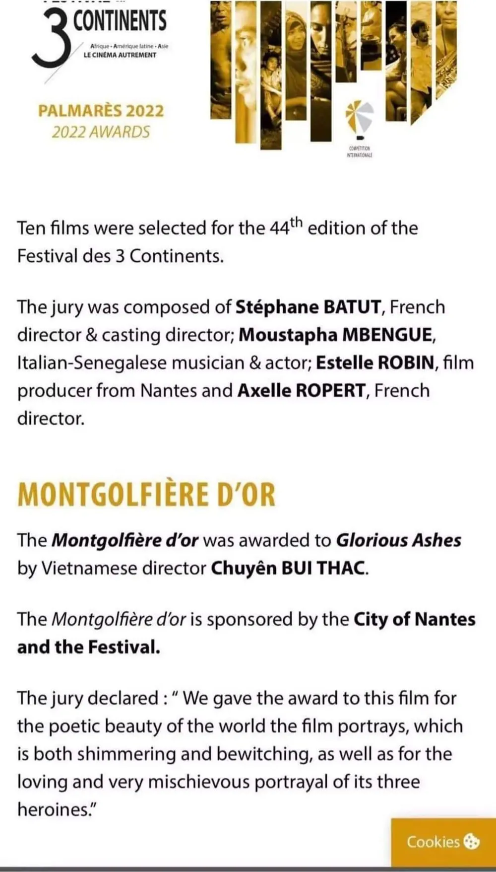 Thông tin phim "Tro tàn rực rỡ" đoạt giải trên website "Liên hoan phim Ba lục địa". Ảnh: Chụp màn hình Thông tin phim "Tro tàn rực rỡ" đoạt giải trên website "Liên hoan phim Ba lục địa". Ảnh: Chụp màn hình