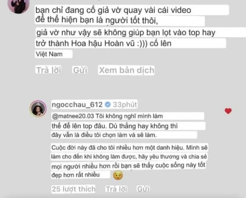 Hoa hậu Ngọc Châu đáp trả antifan. Ảnh: Chụp màn hình.