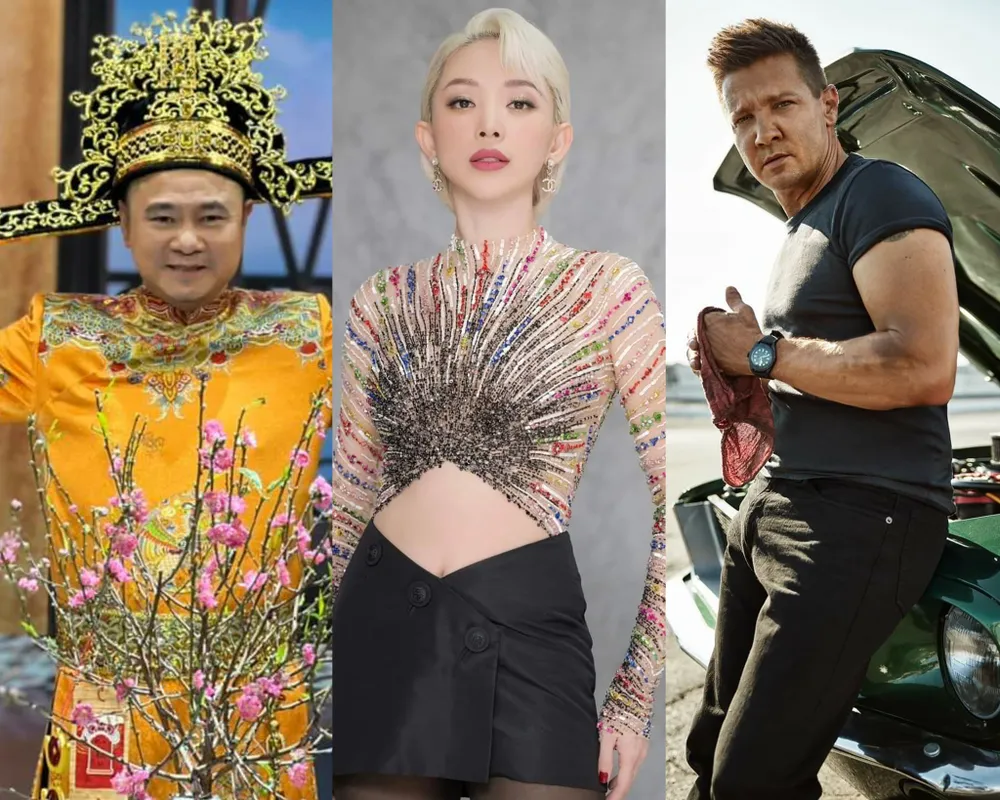 Từ trái sang: NSND Tự Long, ca sĩ Tóc Tiên và Jeremy Renner. Ảnh: FBNV, TL Từ trái sang: NSND Tự Long, ca sĩ Tóc Tiên và Jeremy Renner. Ảnh: FBNV, TL