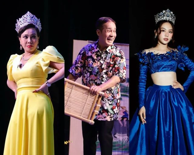 Từ trái sang: NS Việt Hương, Minh Nhí và Hoa hậu Mai Phương. Ảnh: NSCC, FBNV