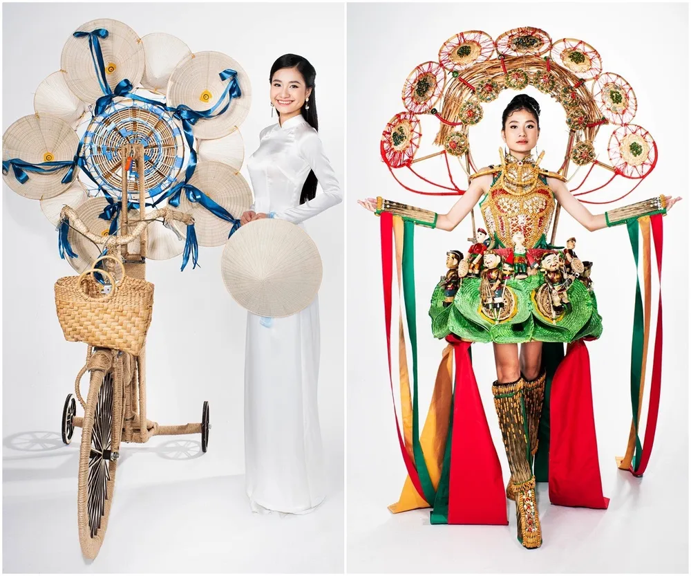 Thanh Hà trong trang phục dân tộc và trang phục môi trường. Ảnh: FBNV