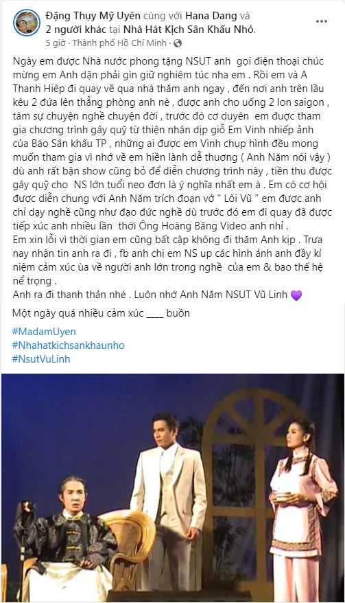 Nguyên văn bài viết NSƯT Mỹ Uyên tiễn biệt NSƯT Vũ Linh. Ảnh: Chụp màn hình