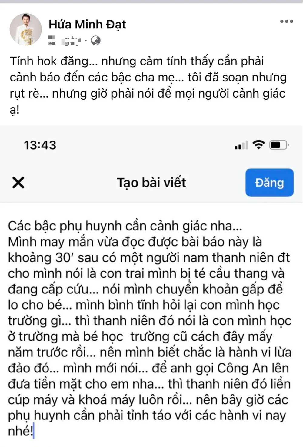 Hứa Minh Đạt chia sẻ câu chuyện bị kẻ gian lừa đảo trên trang cá nhân. Ảnh: Chụp màn hình