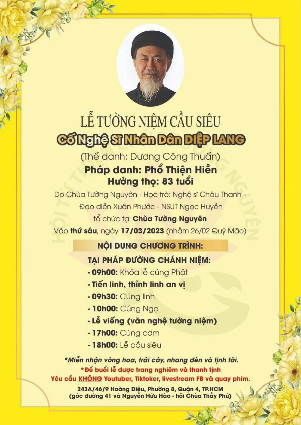 Thông tin về lễ tưởng niệm NSND Diệp Lang diễn ra ngày 17-3. Ảnh: BTC