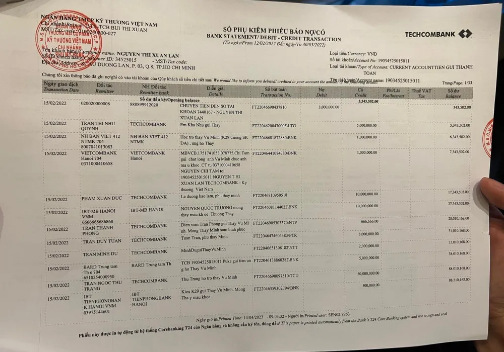 Hình ảnh bản sao kê của ngân hàng được Xuân Lan cung cấp. Ảnh: H.K Hình ảnh bản sao kê của ngân hàng được Xuân Lan cung cấp. Ảnh: H.K