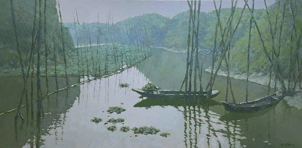 Họa sĩ Chu Đức Thắng với tác phẩm phong cảnh "Buổi trưa ở Cao Bằng" đẹp như một bản tình ca sông núi.