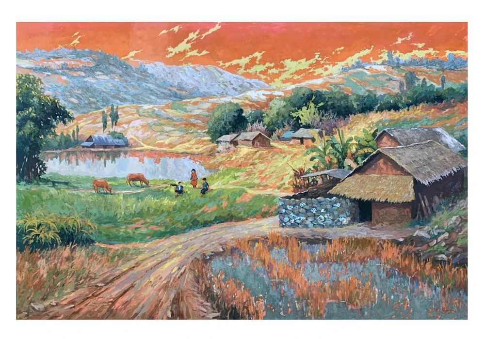 Tác phẩm phong cảnh vùng cao (Chất liệu sơn mài) của họa sĩ Phạm Thành