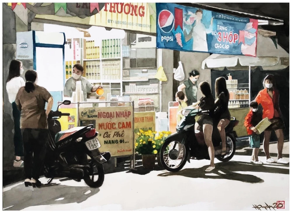 Tác phẩm "Nhà thuốc thời COVID-19" là một trong những bức tranh mang đậm tính chân thực về màu sắc, bố cục.