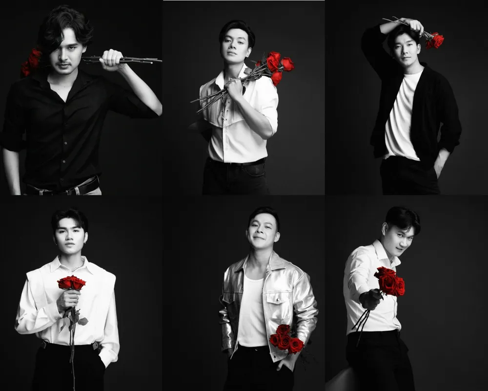 Từ trái sang: Lê Hoàng Giang, Đông Hải, Trương Hạ, Mạnh Hùng, Mai Thanh Tú, Công Dũng. Ảnh: Fanpage sân khấu Thiên Đăng