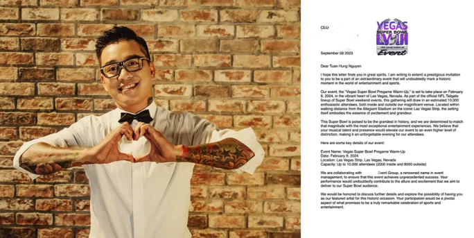 Tuấn Hưng đăng tải thư mời biểu diễn tại sự kiện thể thao Super Bowl do Liên đoàn Bóng bầu dục Mỹ tổ chức. Ảnh: FBNV