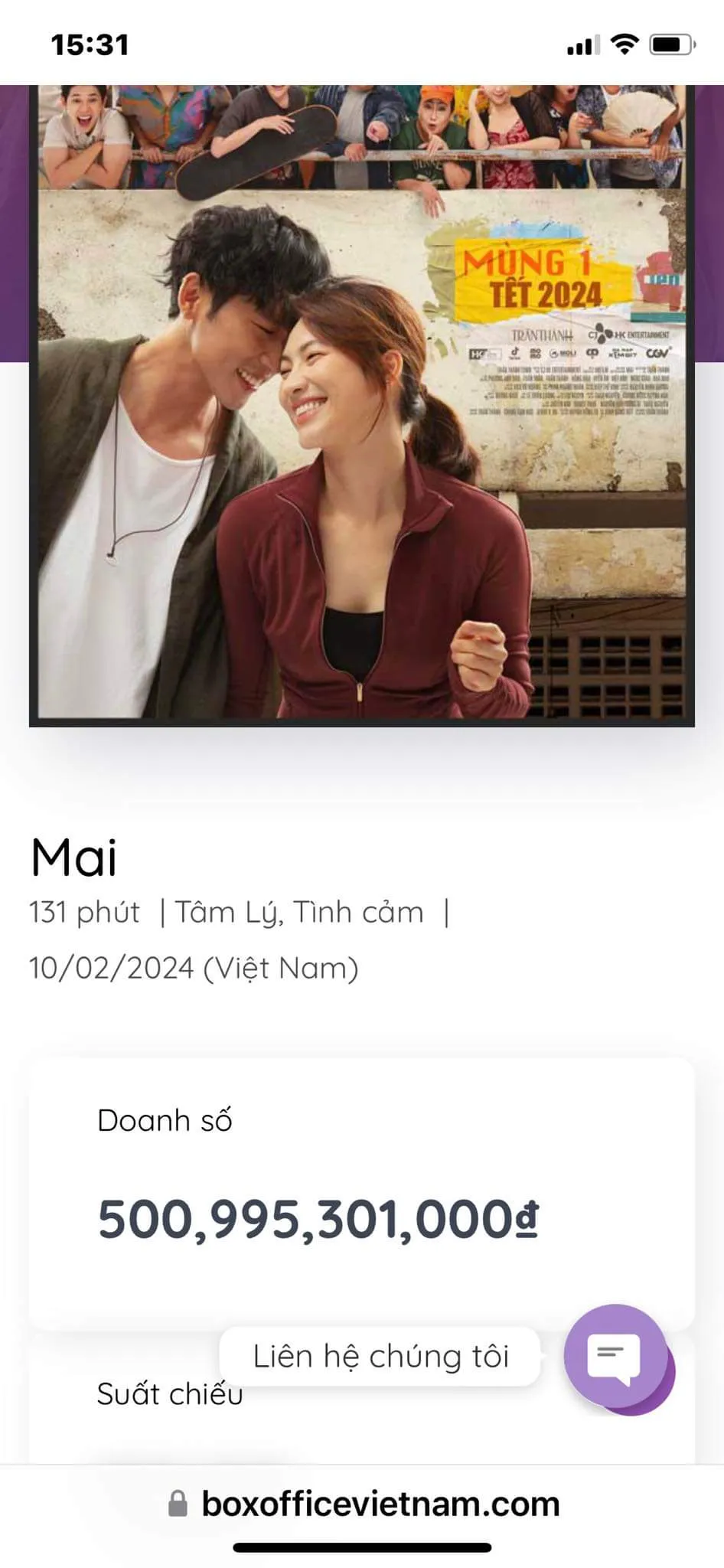 Mai vượt mốc 500 tỉ vào 15h31' chiều 1-3. Ảnh: Chụp màn hình mai20.jpg