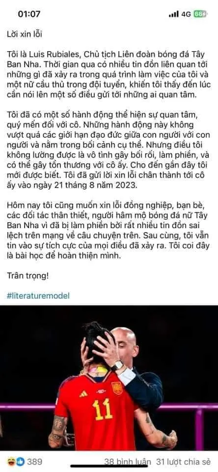 Bài đăng xin lỗi của ông Luis Rubiales, cựu chủ tịch Liên đoàn bóng đá Tây Ban Nha là không có thật. Ảnh: MXH nha-nam.jpg